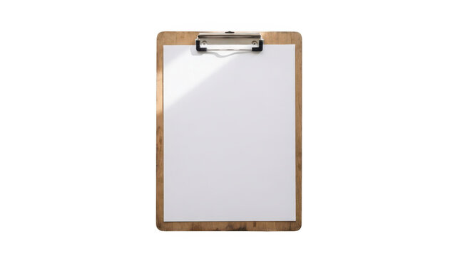 A wooden clipboard with a blank white sheet of paper attached, isolated on transparent background