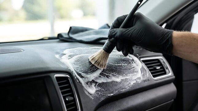 Professional car detailing specialist cleaning dashboard with brush and foam cleanser