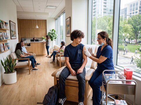 Nurse administering a vaccine to a stylish Latino teenager