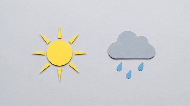 Creative paper cut art illustration of weather forecast symbols, bright yellow sun and grey rain cloud with blue drops on white textured, handmade craft style design elements