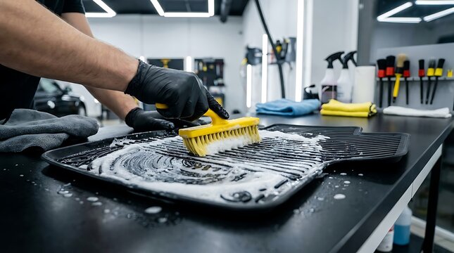 Worker cleaning a car floor mat with a yellow brush and soapy foam in a professional detailing studio