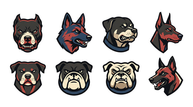 Collection of stylized dog breed head illustrations in vintage style.