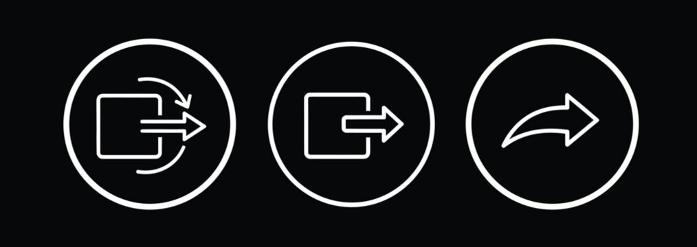 Exit and share arrow icon set featuring various navigational symbols for mobile application interfaces and website design buttons in clean linear black style.