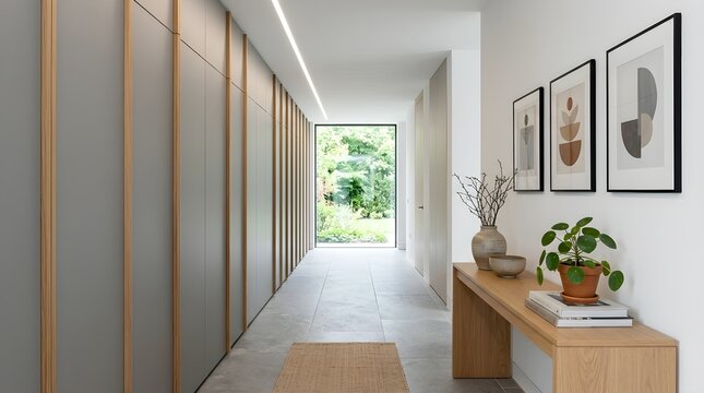 Bright hallway interior with concealed wall cabinetry and wooden console