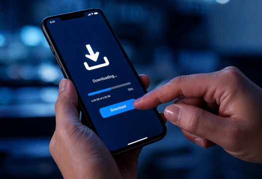 Person using smartphone to download data with progress bar visible on screen in modern setting