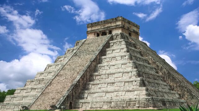 Majestic Low Angle View of El Castillo Pyramid at Chichen Itza in Mexico. Tourist and world explorer 