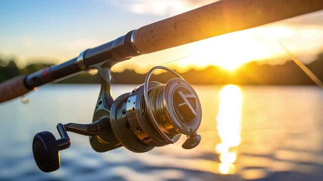 Fishing rod and reel with a beautiful sunset over the water