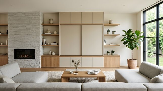 Luxury living room interior with concealed television and modern fireplace