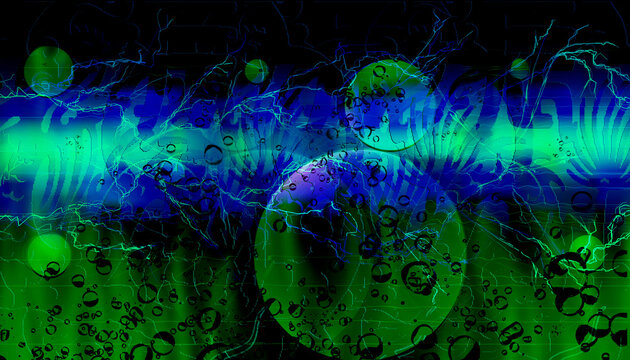 Fond abstrait bioluminescent vert et bleu, bulles organiques et sph&egrave;re microscopique