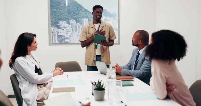 Presentation, applause and man in meeting, hospital and ai solution for medical record system. Healthcare, admin and person on tablet for automated telehealth for research, patient info or success