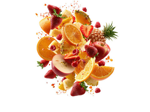 Fresh tropical fruit mix explosion with strawberry and orange slices on white background