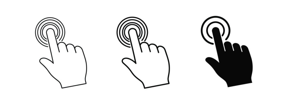 Touch screen finger cursor icon set representing user interaction and gesture control in minimalist line and solid black styles for interface navigation.