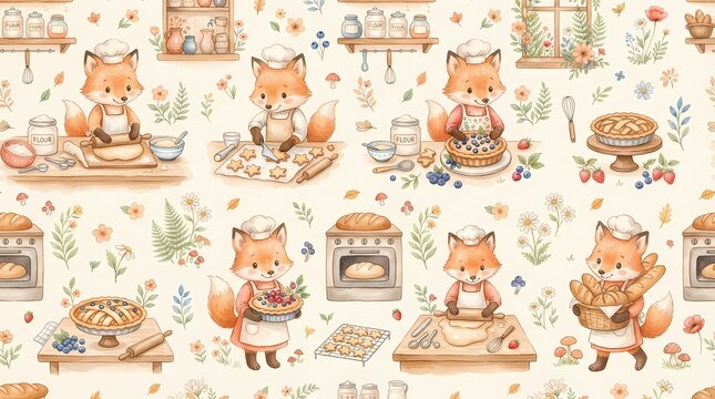 Seamless pattern with cute foxes baking in a kitchen, watercolor style illustration.