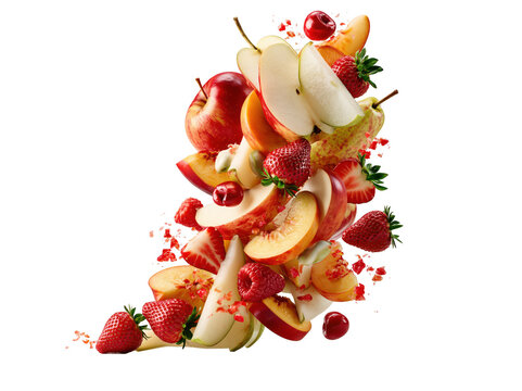 Fresh mixed fruit explosion with strawberries, apples, and peaches on white background.