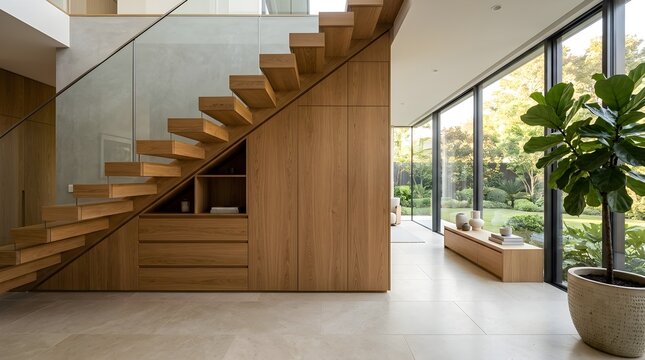 Modern residence interior featuring hidden storage cabinet under wooden stairs