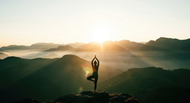 Woman meditating in mountain sunset pose