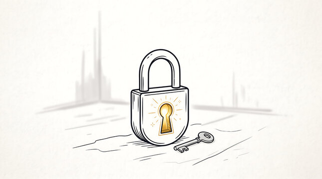 Hand Drawn Illustration of Padlock with Glowing Gold Keyhole and Nearby Skeleton Key