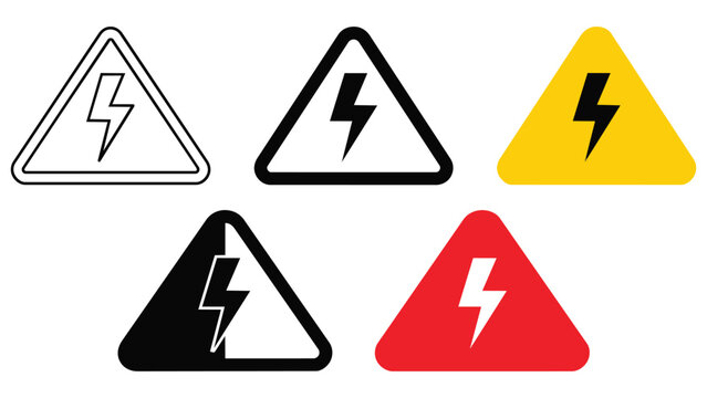 Electrical hazard warning sign vector set displaying high voltage lightning bolt in multiple styles with electrical lightning electricity triangle