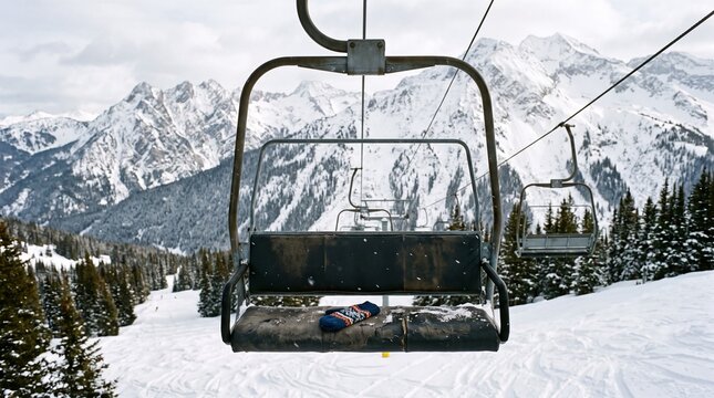 Ski lift chair with a lost patterned sock on a snowy mountain slope with evergreen trees and majestic peaks