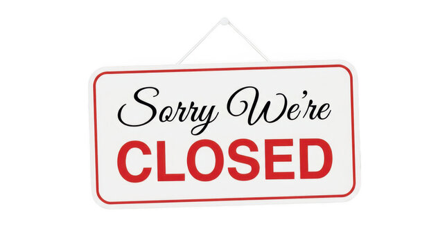 White closed sign with red border and text, isolated on transparent background