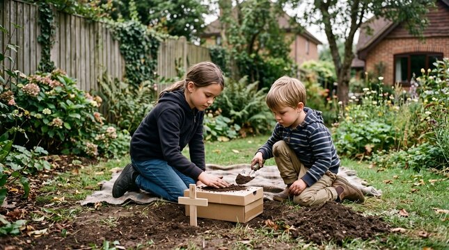 Children burying a pet in a backyard with a small wooden cross and cardboard box