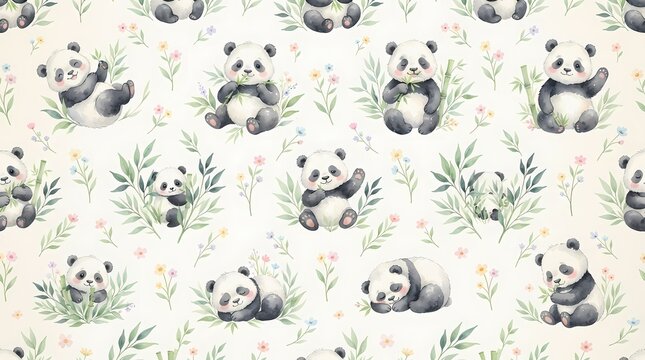 Cute watercolor panda pattern with bamboo and flowers for nursery textile design