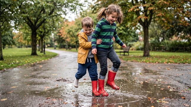 Joyful siblings splashing in puddles on a wet autumn day in a park