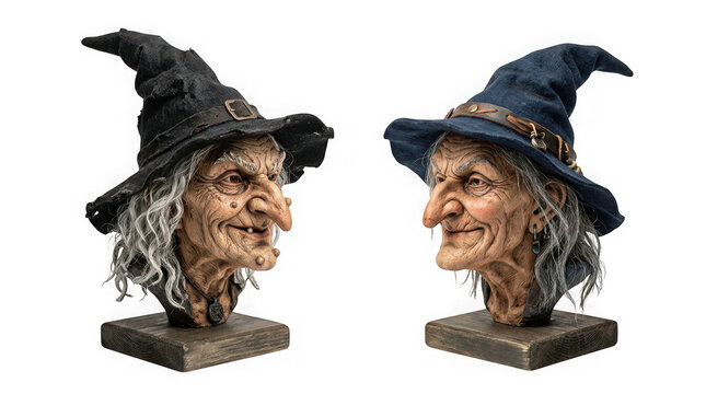 Detailed busts of two smiling old witches in pointed hats, isolated on transparent background