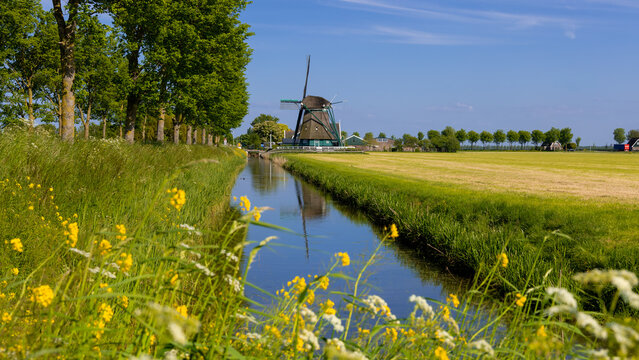 Traditional Dutch windmill by canal in countryside