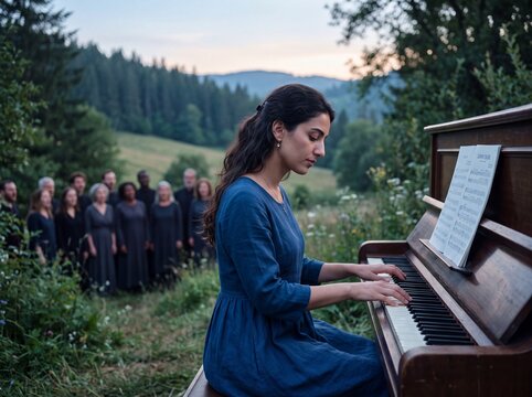 Middle Eastern Woman Playing Piano During Dawn Choir Practice