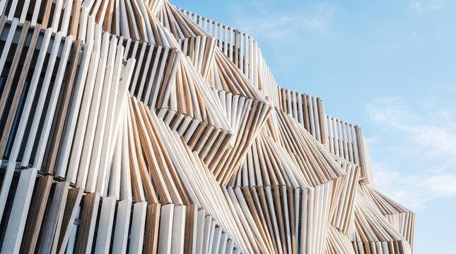 Parametric modern building facade featuring intricate wooden slats arranged in a geometric pattern against a clear sky.