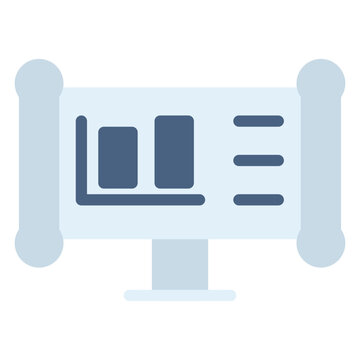 Presentation icon for slideshow or public speaking tool. Chart screen with pointer symbol for office application. Icon design flat style