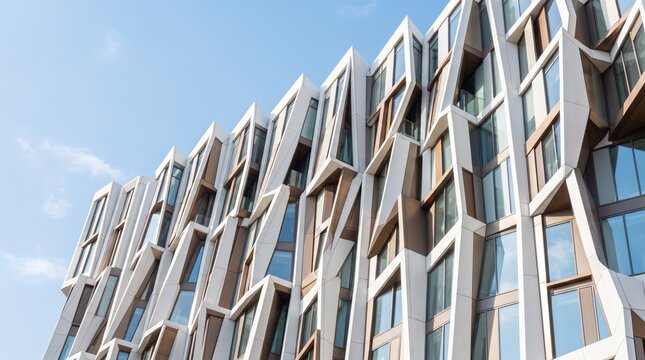 Parametric modern building facade featuring intricate wooden slats arranged in a geometric pattern against a clear sky.