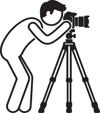 Black and white vector illustration of a person taking a photograph using a camera mounted on a tripod with photographer photography illustration silhouette cameraman shooting equipment