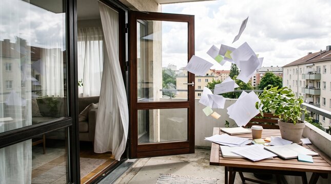 Papers flying in the wind from a balcony table with a plant and city view