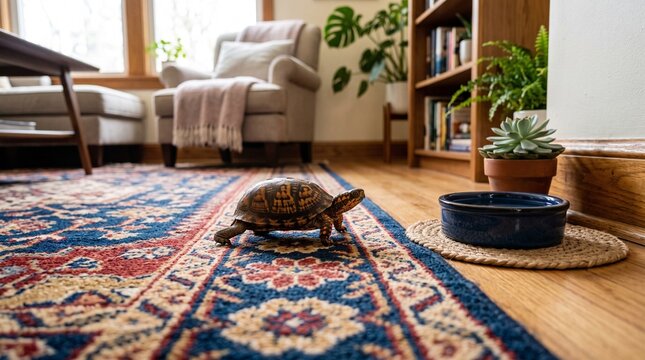 A curious turtle explores a cozy living room with a patterned rug and bookshelf