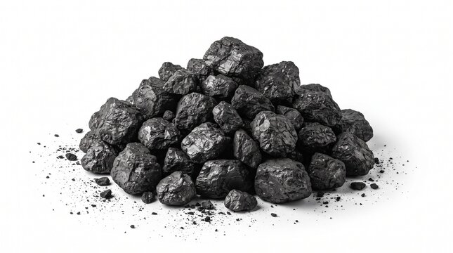Black coal pile on white background, raw mineral carbon stones, natural energy fuel resources for industrial heating and power
