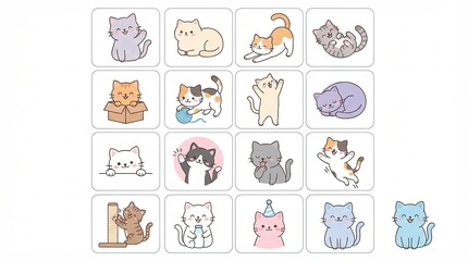Fototapeta premium Cute cartoon cat sticker set with various poses and happy expressions