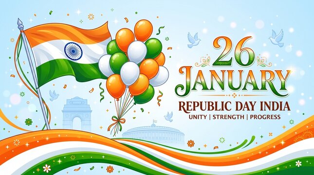 Festive background design for india republic day celebration featuring tricolor balloons and national flag elements for january twenty sixth