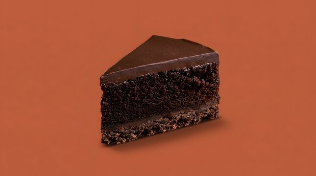 Slice of rich chocolate cake on a warm brown background with chocolate dessert