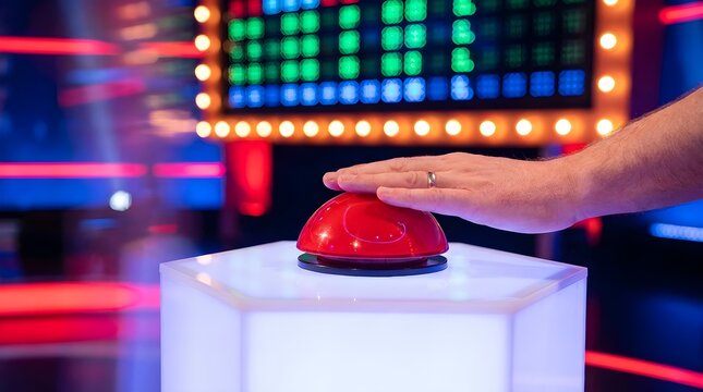 Man's hand pressing a large red buzzer on a glowing white pedestal in a television game show studio setting.