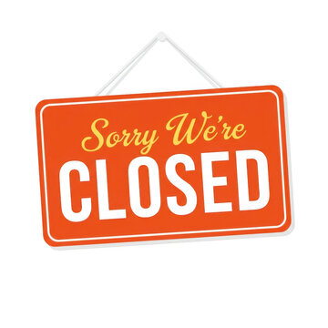 Red closed sign hanging on string isolated on transparent background