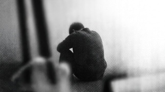 Grainy black and white photo of a lonely man sitting alone in shadows, conveying deep sadness, depression, isolation, mental health struggles, despair, emotional pain