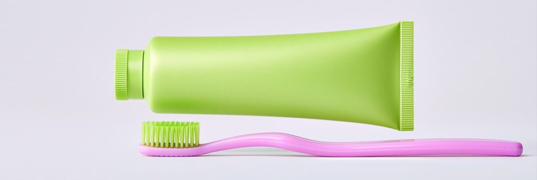 Lime colored toothpaste tube next to pink toothbrush