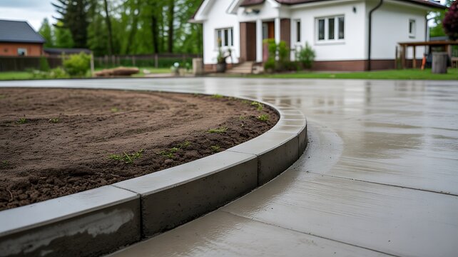 Rainy suburban driveway and curved concrete garden edging beside a modern house