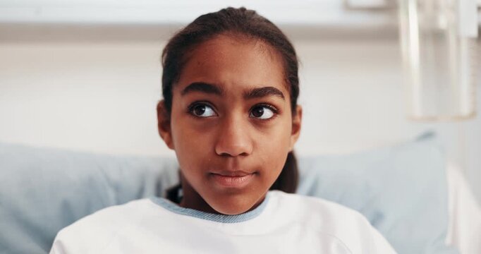 Sick, girl or blowing nose with tissue in hospital bed for hayfever, illness or virus in clinic. Child, kid or influenza with toilet paper, cold or flu for medical allergies, sinus or chronic disease