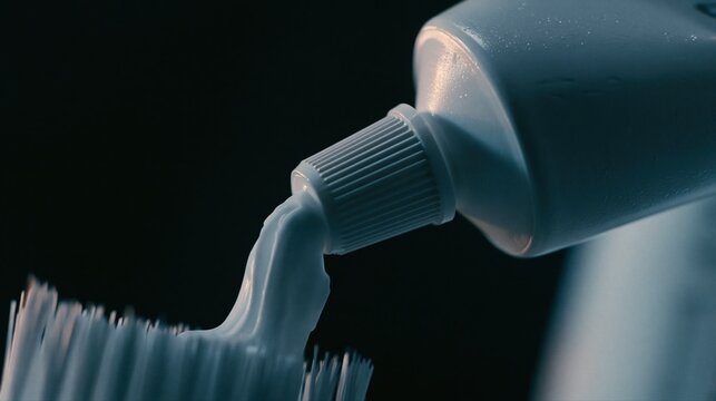 White toothpaste coming out onto brush against black background
