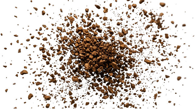 Instant coffee granules exploding isolated on transparent background