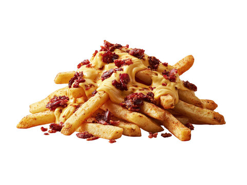 Crispy french fries topped with melted cheese and bacon bits on white background