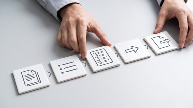 Hands arranging white square tiles with line art icons depicting a sequential business process flowchart, showing steps from documentation to list checking and final upload